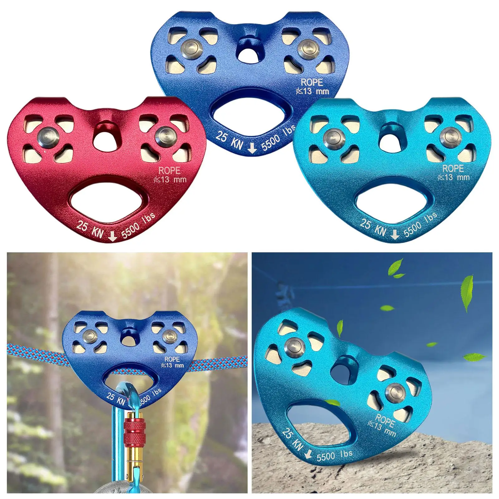 25KN Double Trolley Pulley Aluminum Zip Climbing Mountaineering Tandem Pulley with Stainless Steel Ball Bearing