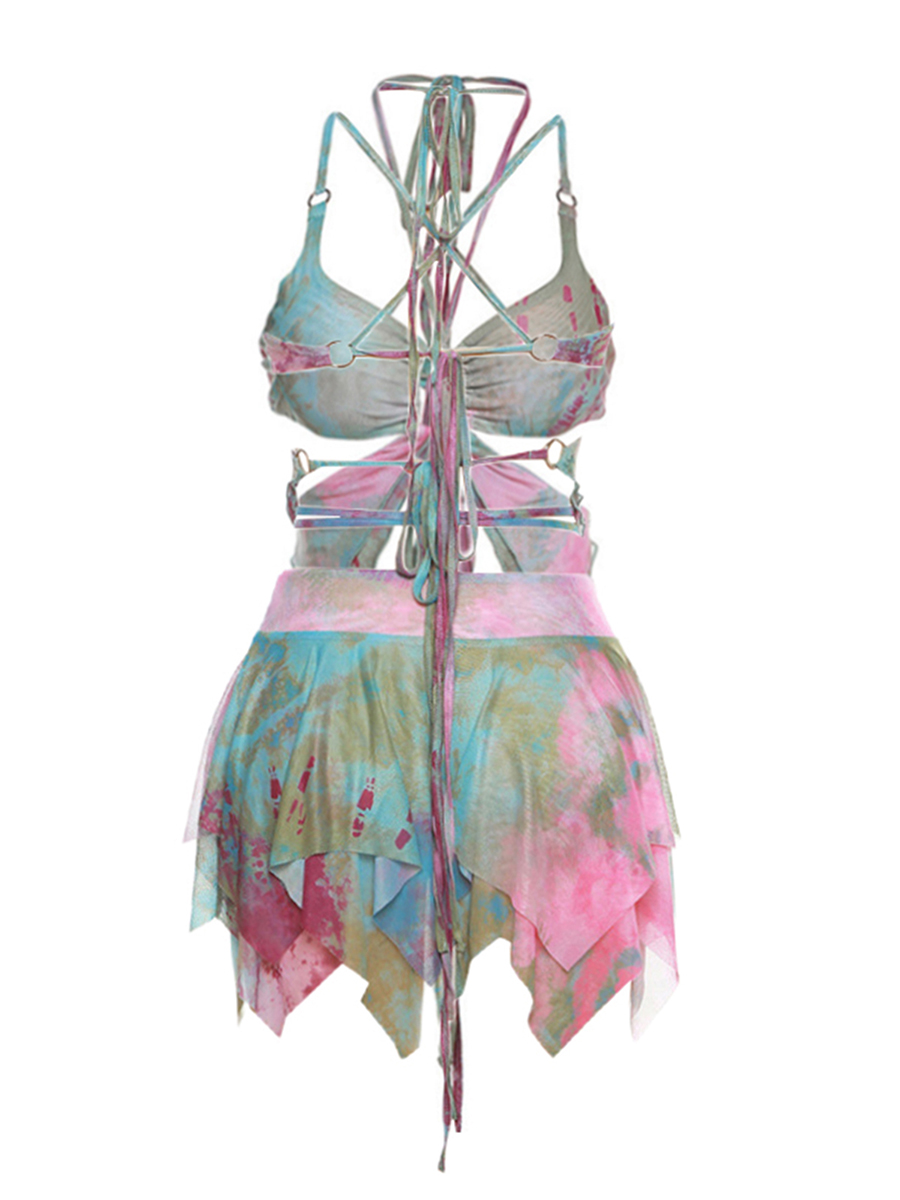 Frauen y2k 3 Stück Sommer Outfits Mode ästhetische Langarm Achsel zucken Tops Krawatte Dye Print Weste unregelmäßigen Minirock Set für Party – Detail 6