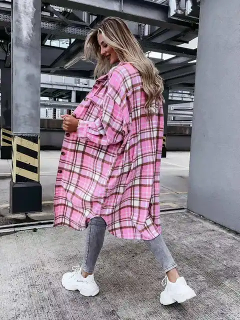 Komiyama-jaqueta xadrez casual solta para mulheres, casacos contrastantes,  lapela, manga comprida, bolsos, outono, nova, 2023 - AliExpress
