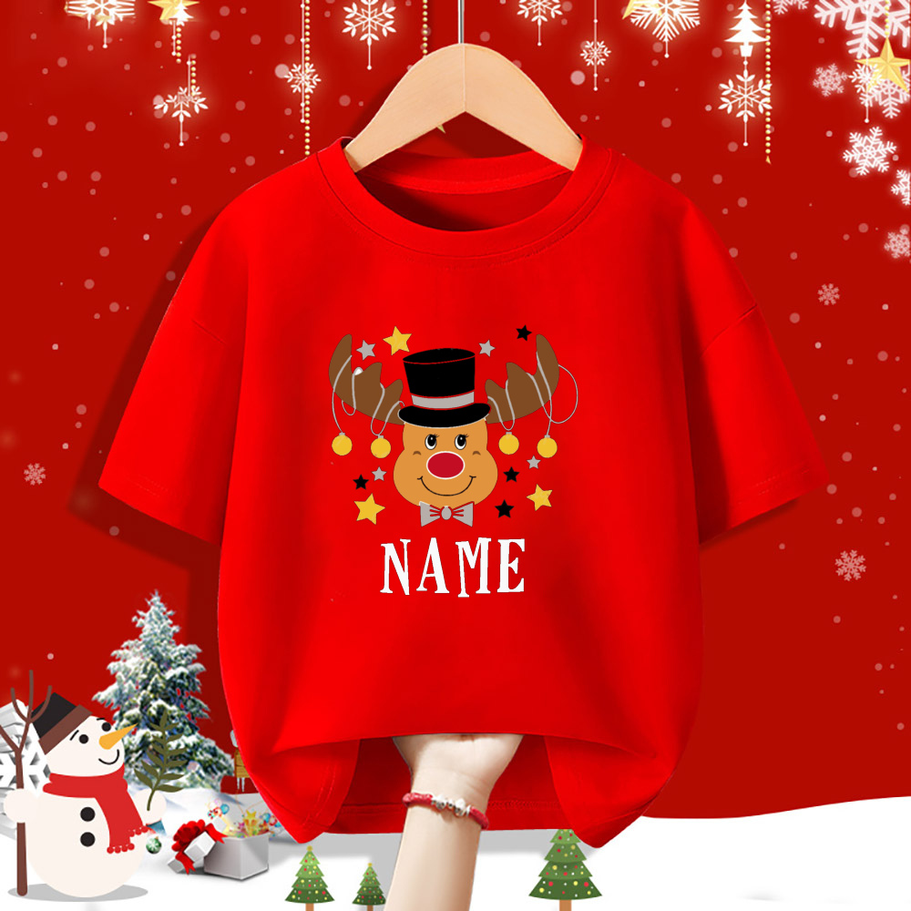 Personalisiertes Kind Weihnachten Rotes Hemd Hirsch Name Kind Kurzarm Kleidung T-Shirt Geschwister Passendes Weihnachtsoutfit Kinder T-Shirts – Detail 9