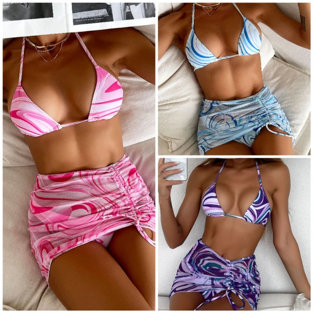 3 Pieces Bikini Set With Skirt Tie Dye String Thong Bathing Suit