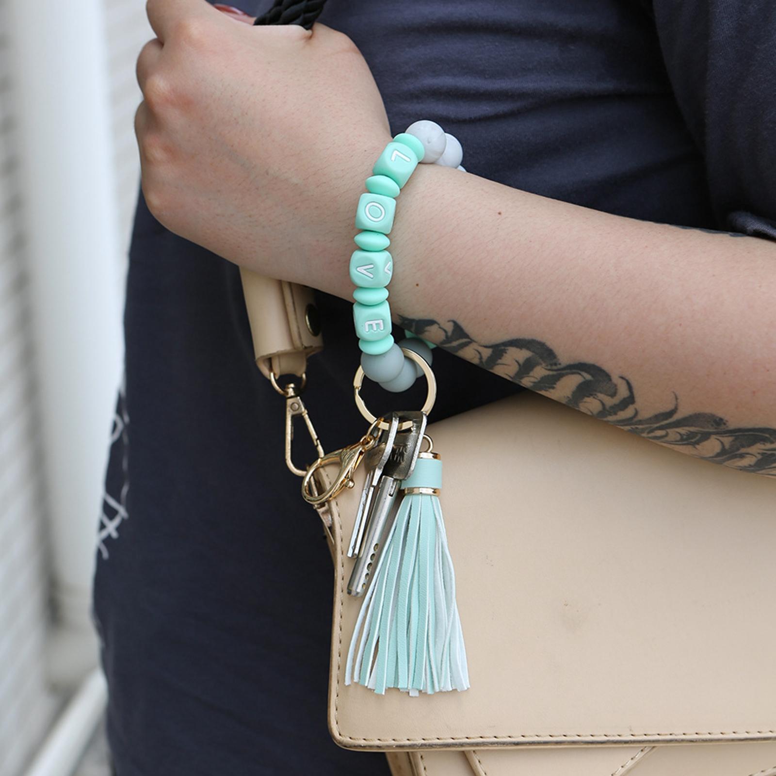 Women Wristlet Keychain Bracelet Keyring PU Leather Big Circle Tassel Car