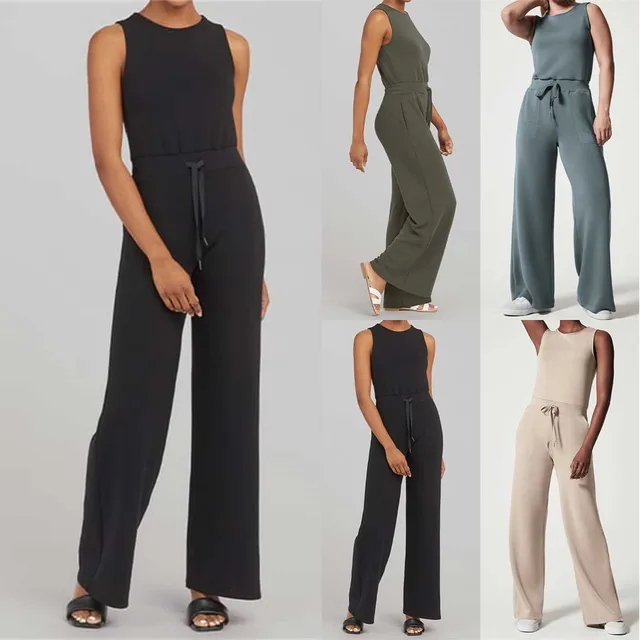 The Air Essentials Jumpsuit,Women's Sleeveless Casual Wide-Leg  Jumpsuit,Solid Loose Short Sleeve Belted Romper with Pockets (s, Brownish  Green)