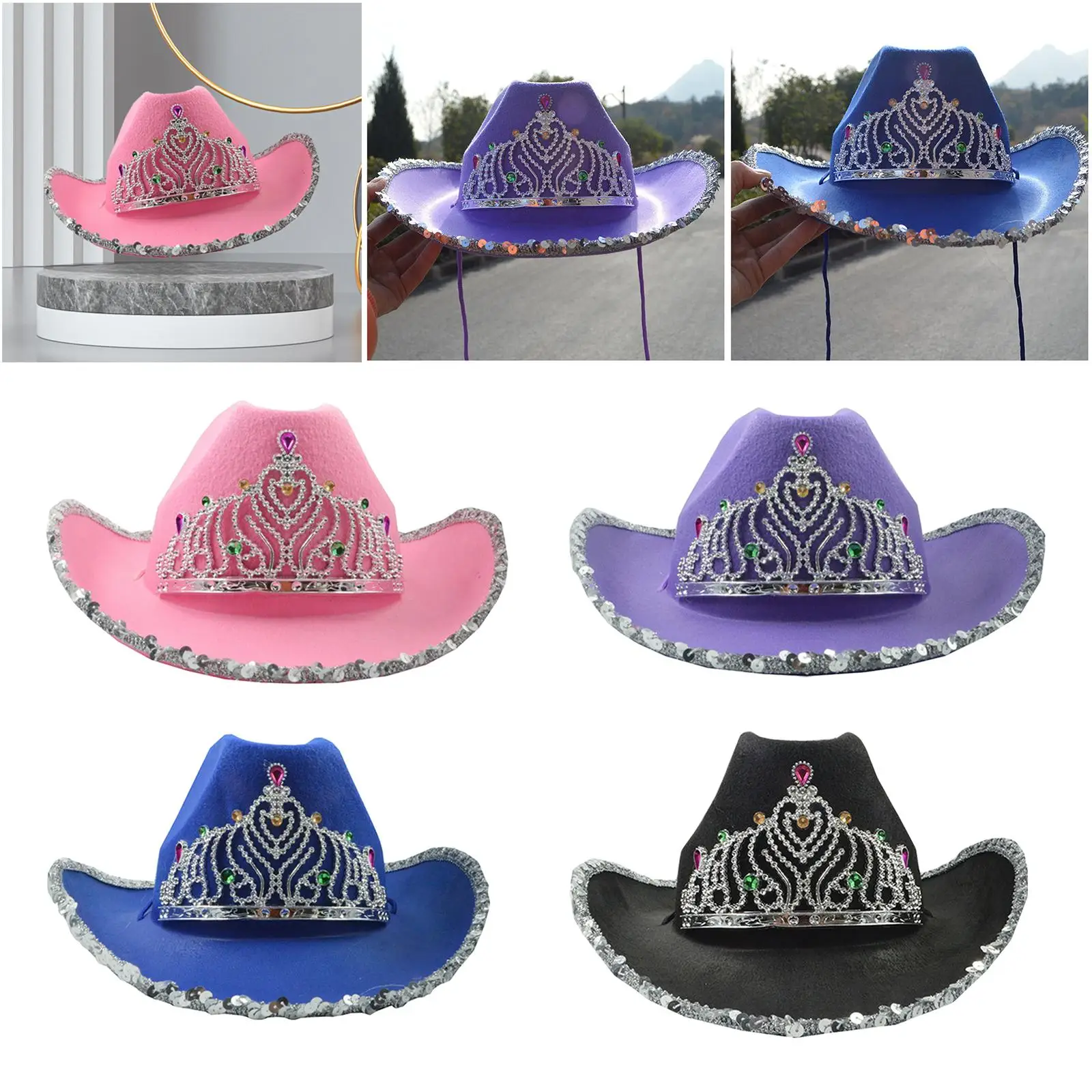 Western Accessories Cowgirl Costume Cowboy Hat Big Crown Felt Sequin Beaded Party Hats for Women
