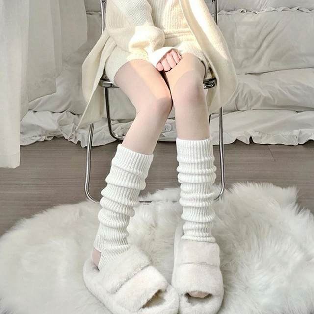 Biplut 1 Pair Women Leg Warmers Ribbon Bow Solid Color Stretchy Boot  Decoration Socks Autumn Winter Long Knitting Leg Socks for Party 