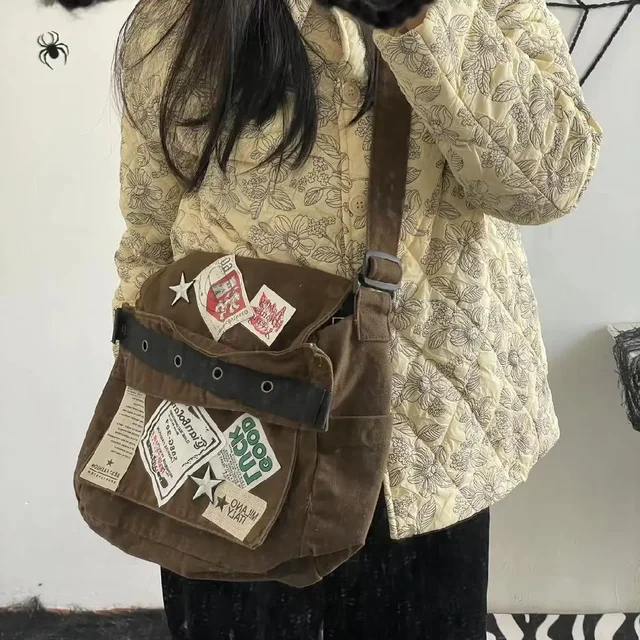 Vintage Y2k Messenger Bag for Women Canvas Star Patch