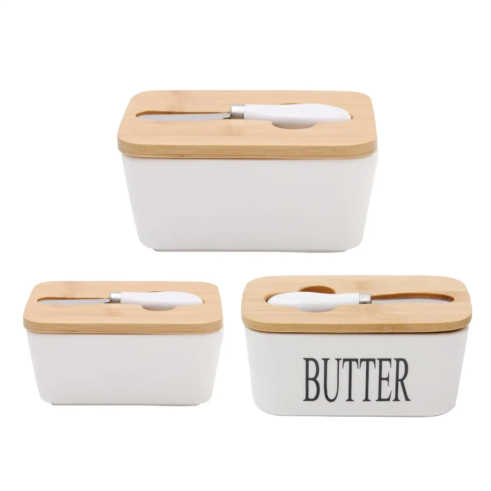 Butter Dish Ceramic Butter Container Keeper with Wooden Lid and Steel Knife, Eay to Clean, 2 Sizes Available to Choose