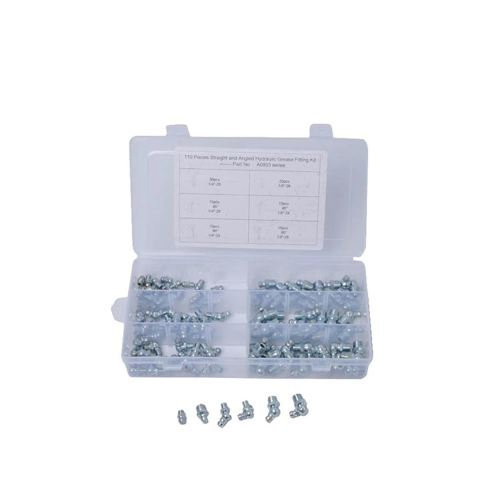 110pcs 1/4` 1/8` Hydraulic Zerk Fitting SAE Kit Straight 90 45 Degree