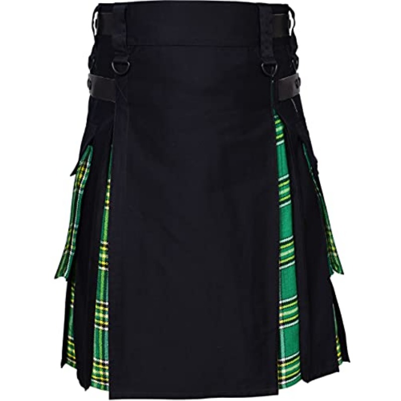 Kilts-Männer Plus Size Scottish Hybrid Black Cotton & Tartan Utility Kilts mit Lederriemen Kilts für Männer – Detail 10
