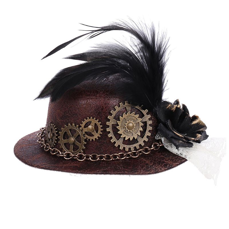 Frauen Mädchen Vintage Mini Top Hut Steampunk Haar Clip Gears Feder Goth Headwear – Detail 1