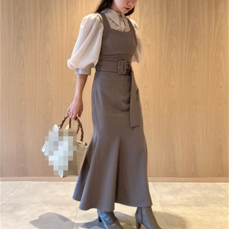 Kuzuwata Fashion Temperament Strap Dress Woman High Waist All-match Maxi Dresses for Women High-end Solid Color Vestidos 2022 jumper dress