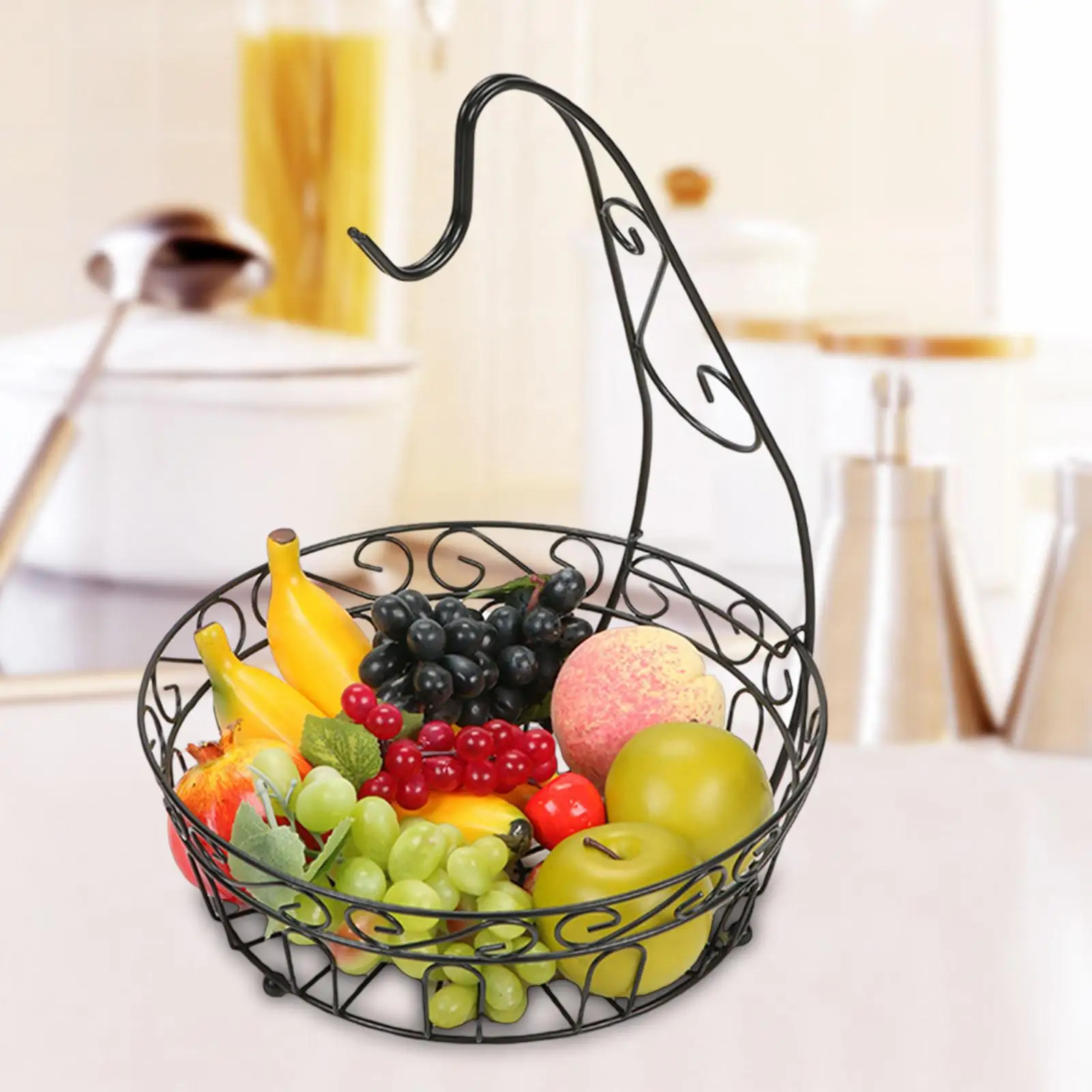 Rustic Metal Fruit Bowl with Banana Holder Detachable Open Design for Kitchen Table Breathable Black Decorative Sturdy