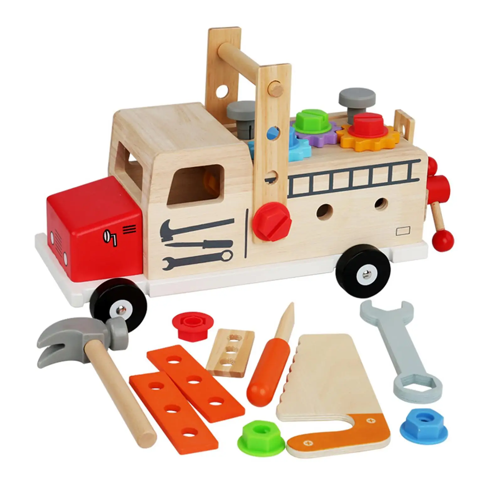 Wood Kids Tool Set Construction Toy Pretend Play Tool Kits Combination Disassembly and Assembly Nut Truck for Kids