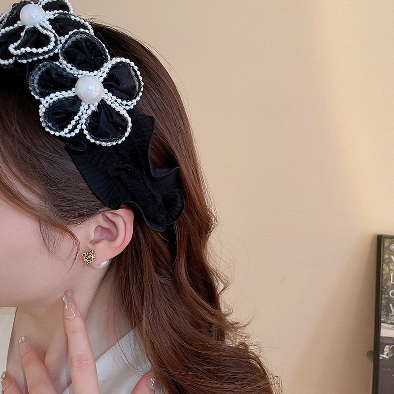 Perlenblumen-Mesh-Haarbänder mit breiter Krempe für Frauen, leichtes, luxuriöses Temperament, großes Stirnband, Charms, Haar-Accessoires – Detail 5