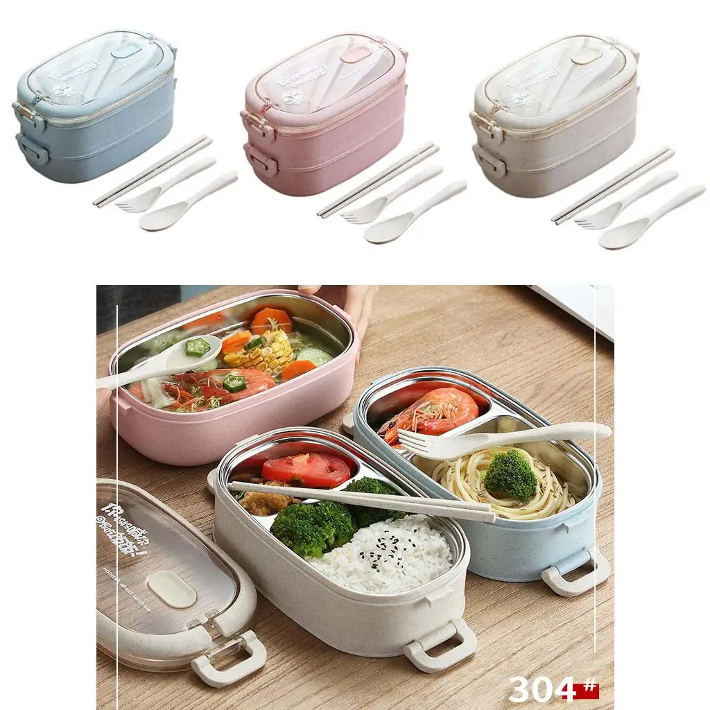 Lunch Bento Box, 2-Compartments, Double Layers, Leak-Wheat Straw Microwave Portable for Picnic Food Storage Container