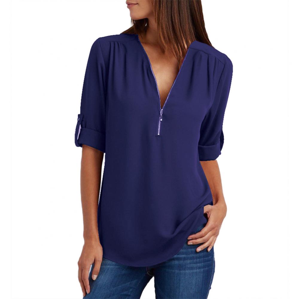 Title 20, Casual Office Lady Blouses Sexy Solid Color Zip...