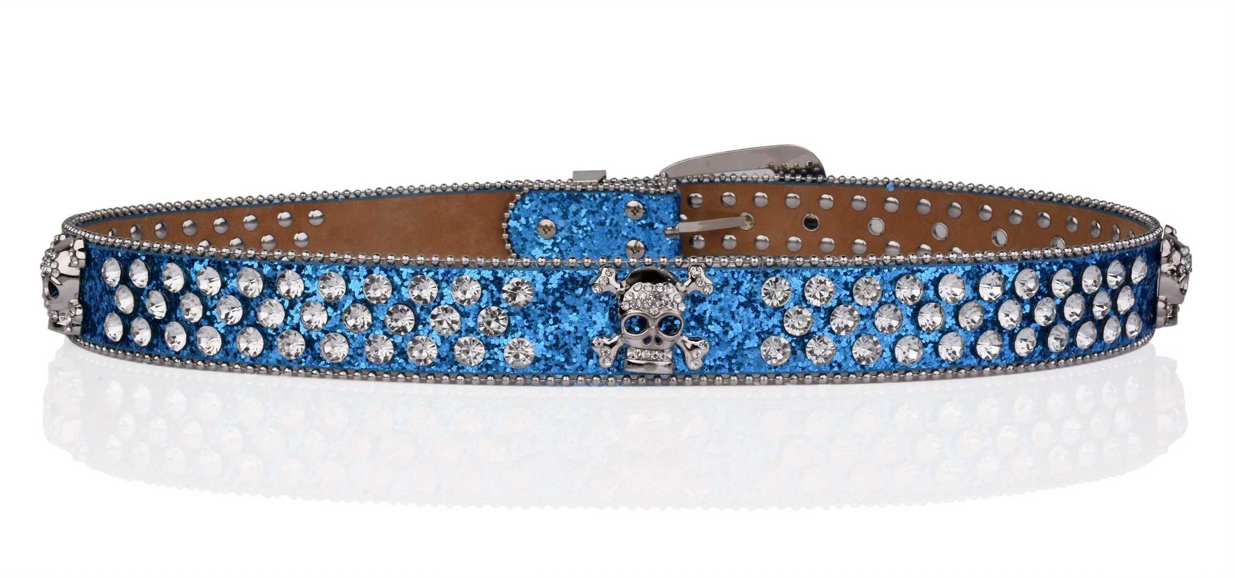 Strass Schädel Nieten Gürtel Blau & Rot Glitter PU Gürtel Hip Hop Jeans Hosen Gürtel Punk Cowboy Cowgirl Gürtel für Frauen Männer – Detail 4