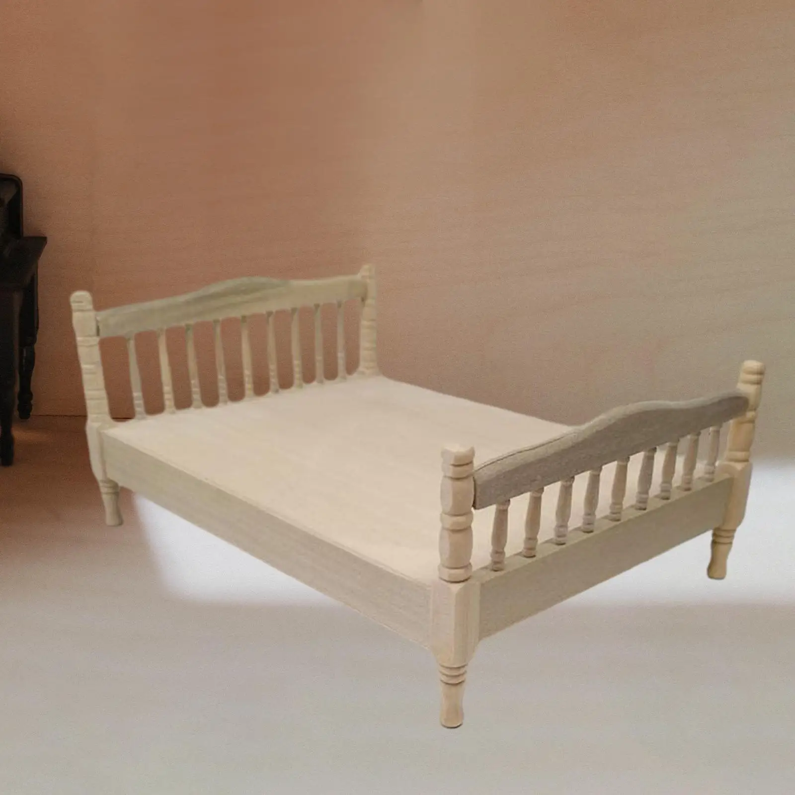 1:12 European Double Bed Model, Miniature Bedroom Furniture Scenes, Wooden Mini Bed, Wooden Bed Model for DIY Scenery