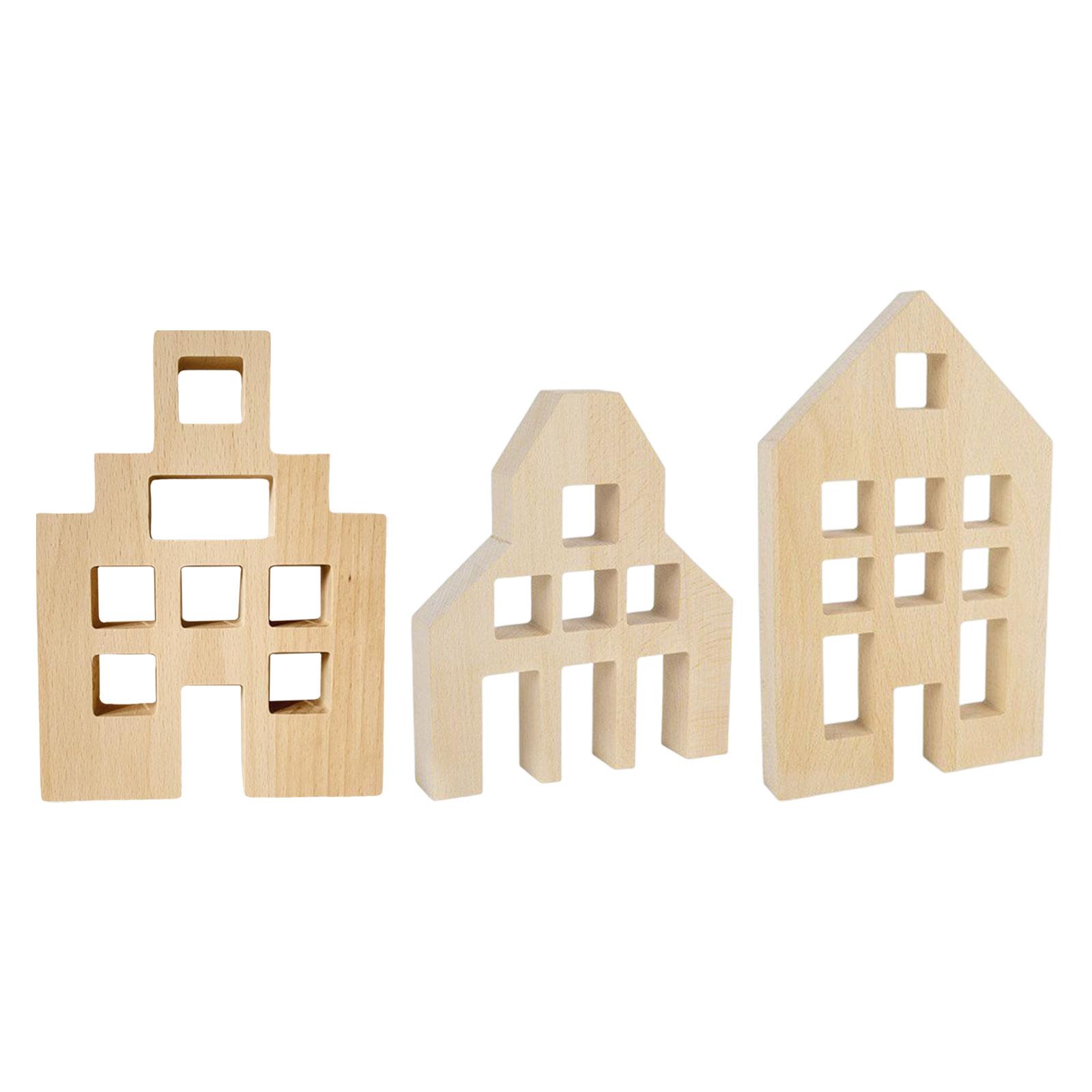 3 Pieces Wood House Blocks Centerpiece for Ages 3-6 Party Favors Living Room