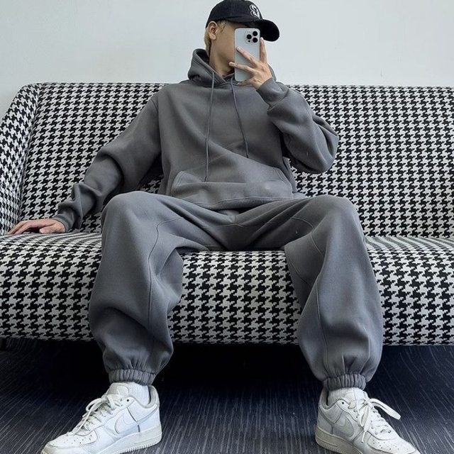 Hooded Sweatshirt Men's Autumn Winter Velvet Two-piece Set