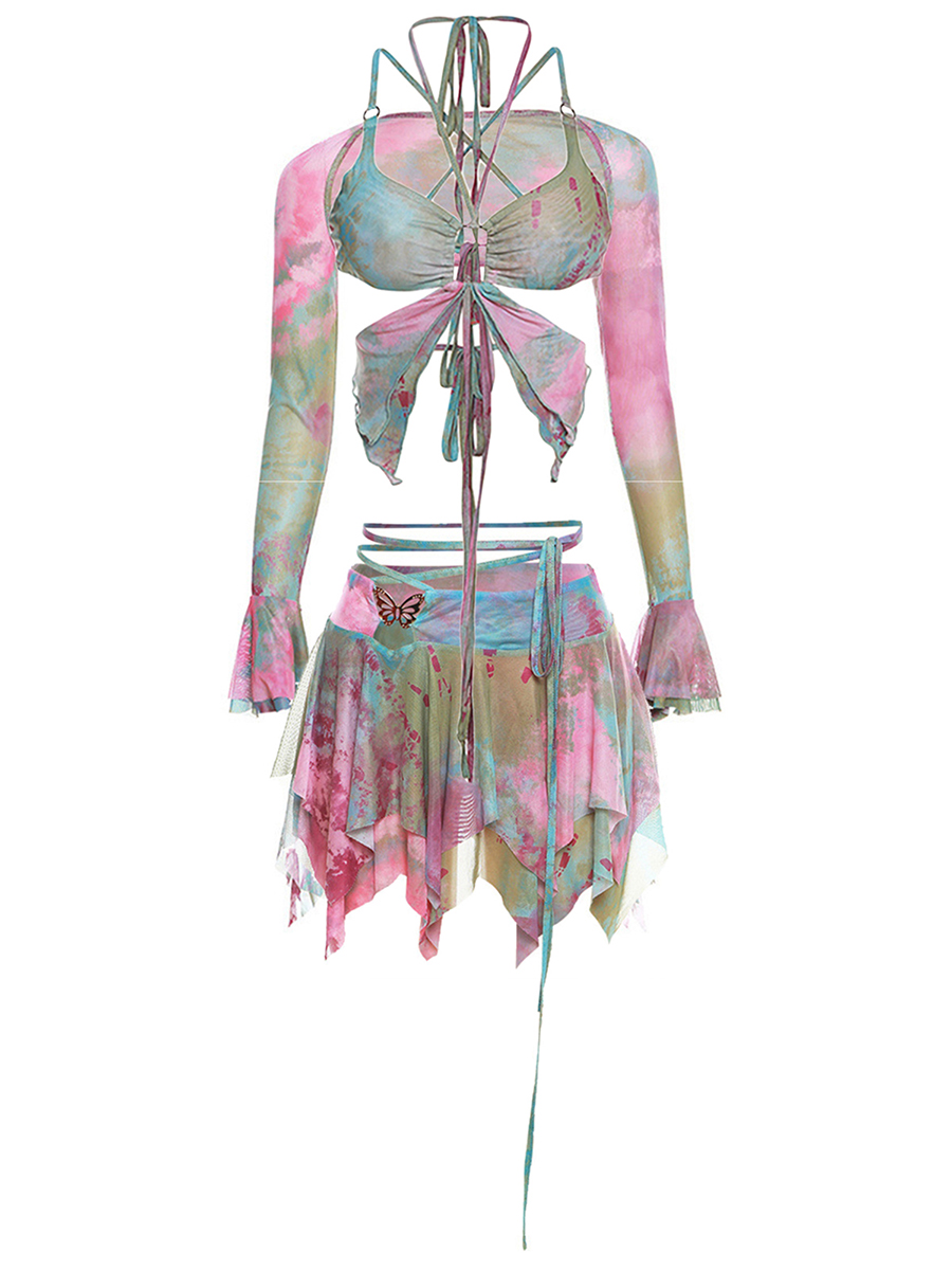 Frauen y2k 3 Stück Sommer Outfits Mode ästhetische Langarm Achsel zucken Tops Krawatte Dye Print Weste unregelmäßigen Minirock Set für Party – Detail 5