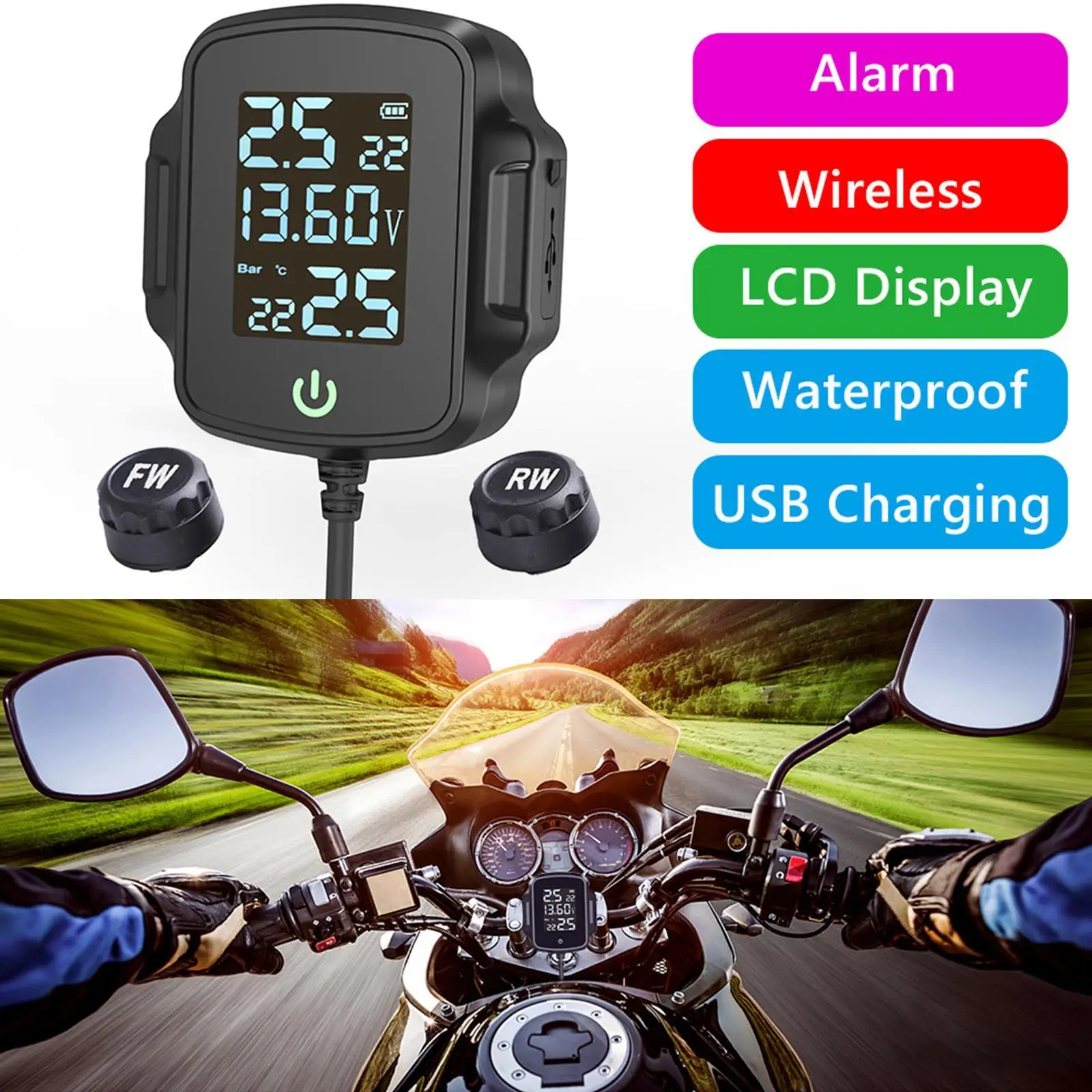 Motorcycle   Tire Pressure  System, IP67 Waterproof, Easy to Install, 3.0 USB Charger  Tablet