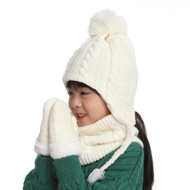 Baby Winter Hat Warm Scarf Gloves Set Pompoms outlet Knitted Beanie Mitten Scarves