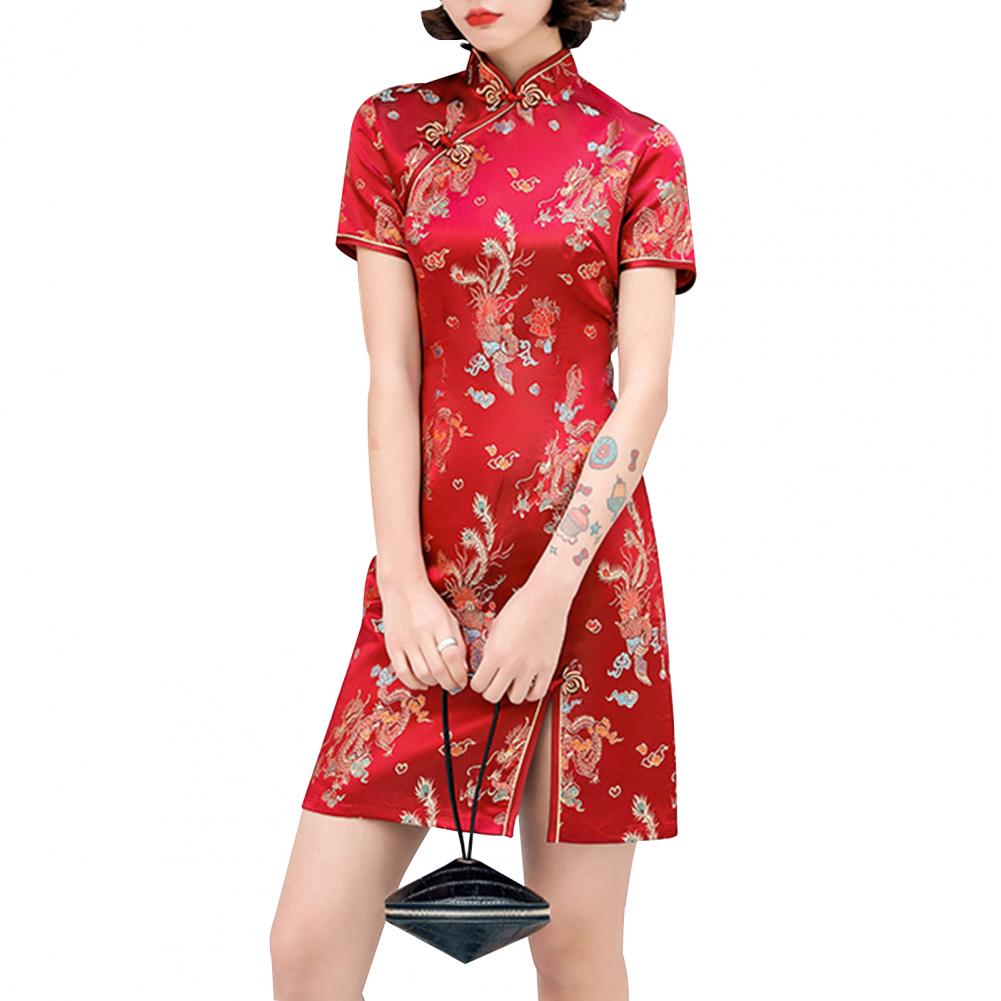 vermelho clássico gola mandarim curto cheongsam vestido de festa à noite qipao