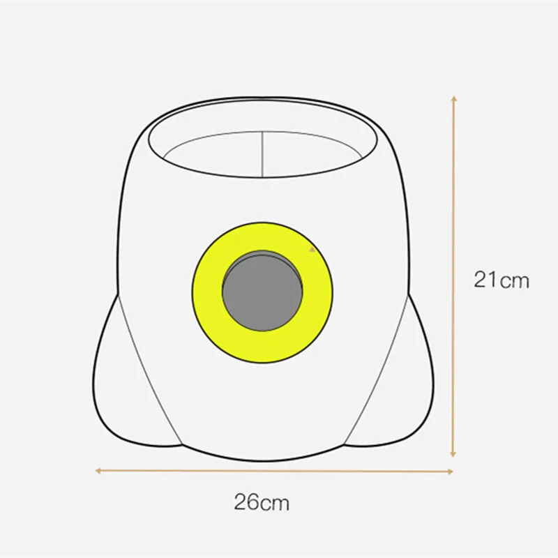 Una ilustración estilizada de una taza de café con un asa amarilla y un interior gris. La taza es blanca y parece tener un diseño sencillo y moderno. Se proporcionan medidas: la altura de la copa es de 21 centímetros y el diámetro de la copa es de 26 centímetros.