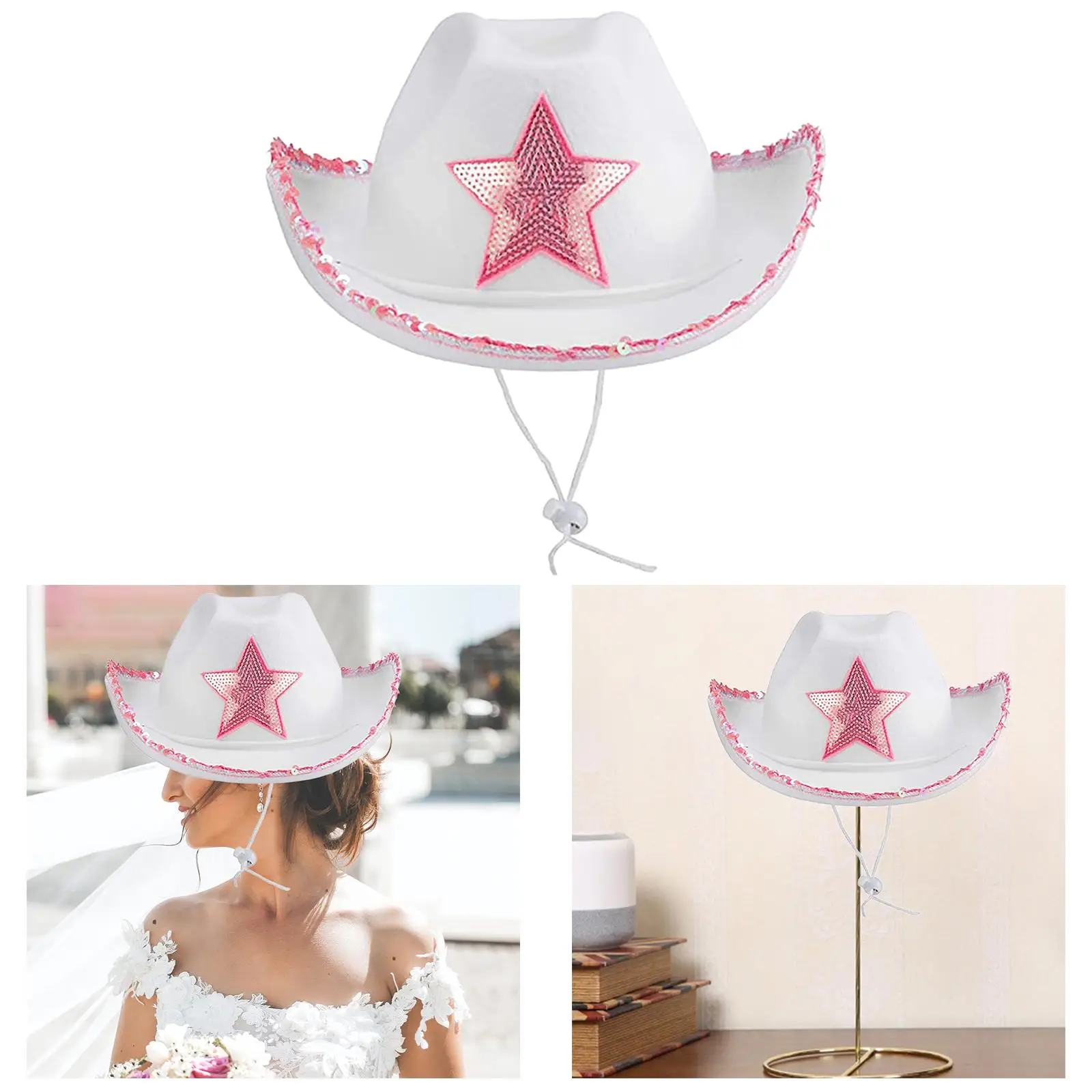 Wild West Cowboy Hat with Tiara White Felt Adjustable Neck Draw String Wide Brim Novelty  Hat  Dress up Parties Costume Beach