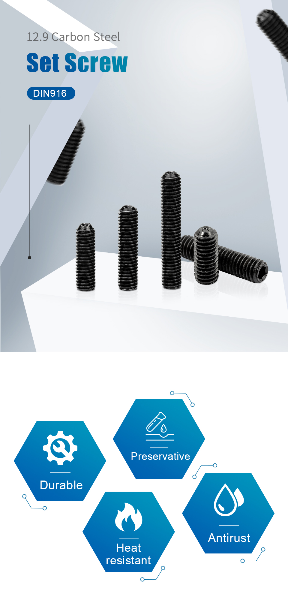 NINDEJIN Sechskant-Innensechskantschraube, Gewindestift, Madenschraube, M2, M3, M4, M5, M6, M8, M10, M12, 12,9, Kopfschraube aus Kohlenstoffstahl, DIN916 – Detail 3