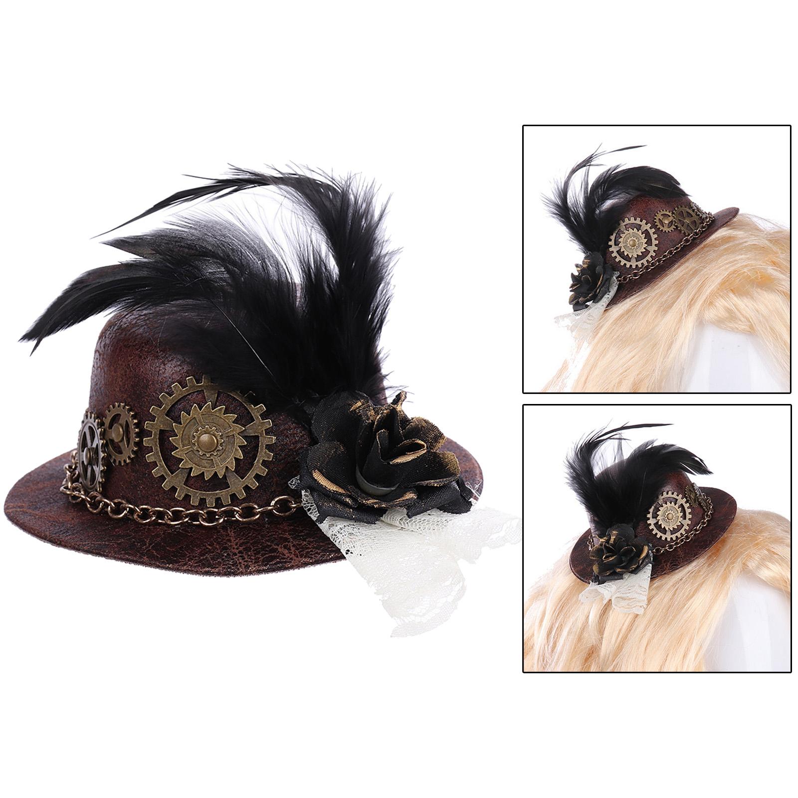 Goth Steampunk Mini Top Hat with Gear Feather Hair Clip, Jazz Hat Cosplay Costume Hat Renaissance Costume Halloween Accessory