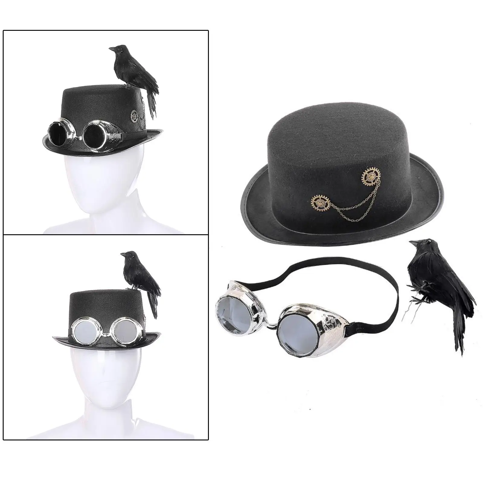 Deluxe Black Steampunk Top Hat with Goggles Formal Vintage Hat for Dress up