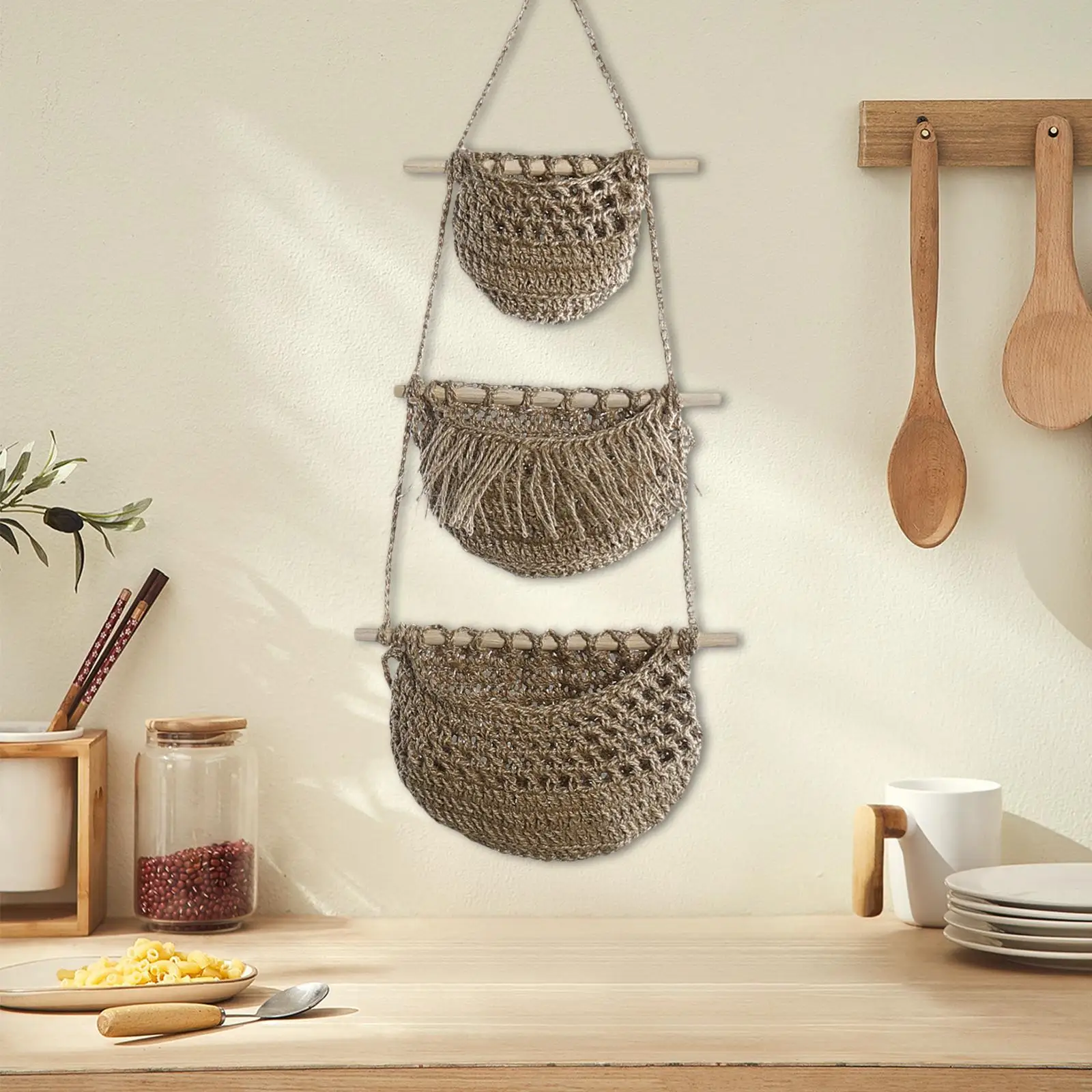 Hanging Fruit Baskets Boho Wall Decor Decorative Macrame Hanging Basket for Organizing Garlic Vegetables Onion Restaurant