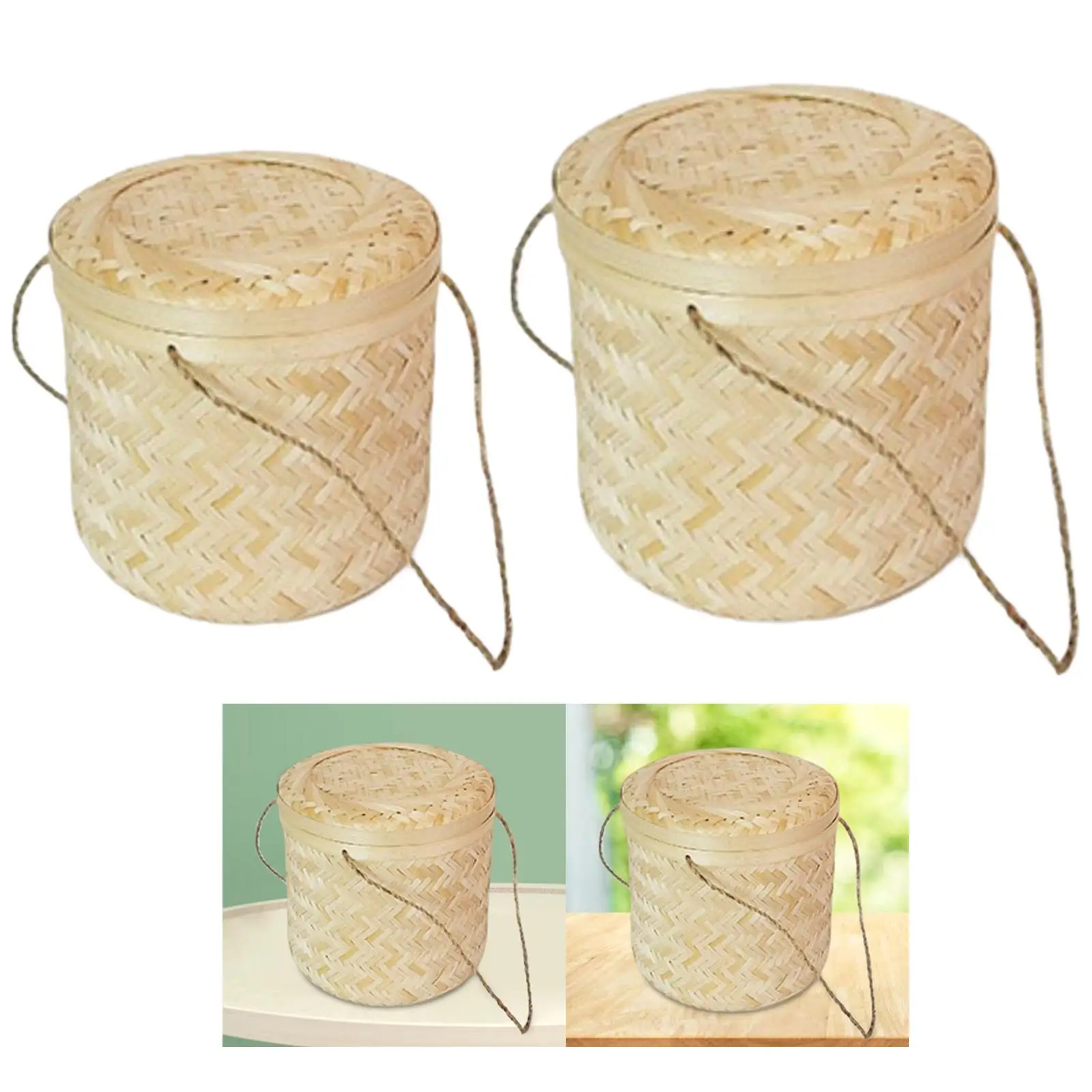 Gift Packing Basket Serving Rustic Style Handmade Bamboo Basket Food Storage Basket with Lid for Tea Fruits Cake Snacks