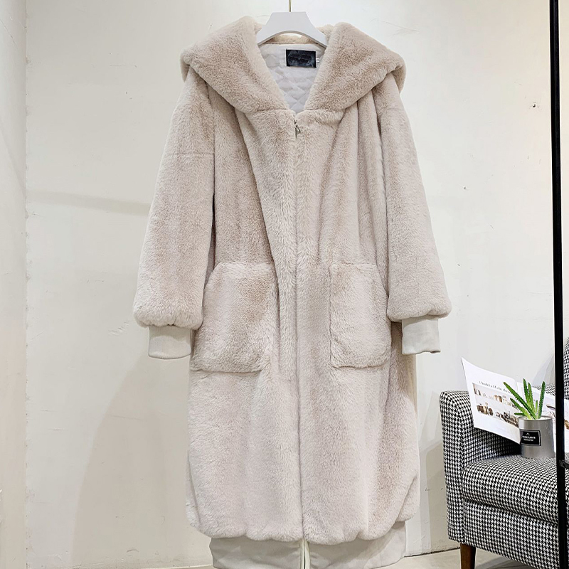 Winter Fashion Runaway Luxury Brand Long Faux Fur Coat Women Jacket Zip Hooded Thick Warm Fake Rabbit Fur Plush Overcoats