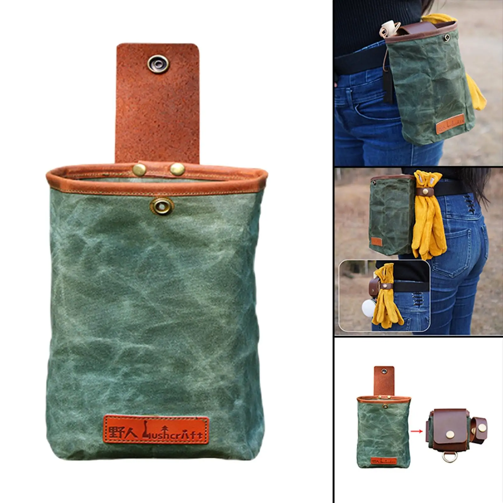 Camping Foraging Pouch Waxed Canvas Waist Bag Gardening Tool Bag Mushroom Pack Pocket for Bushcraft Outdoor Hiking Backpacking