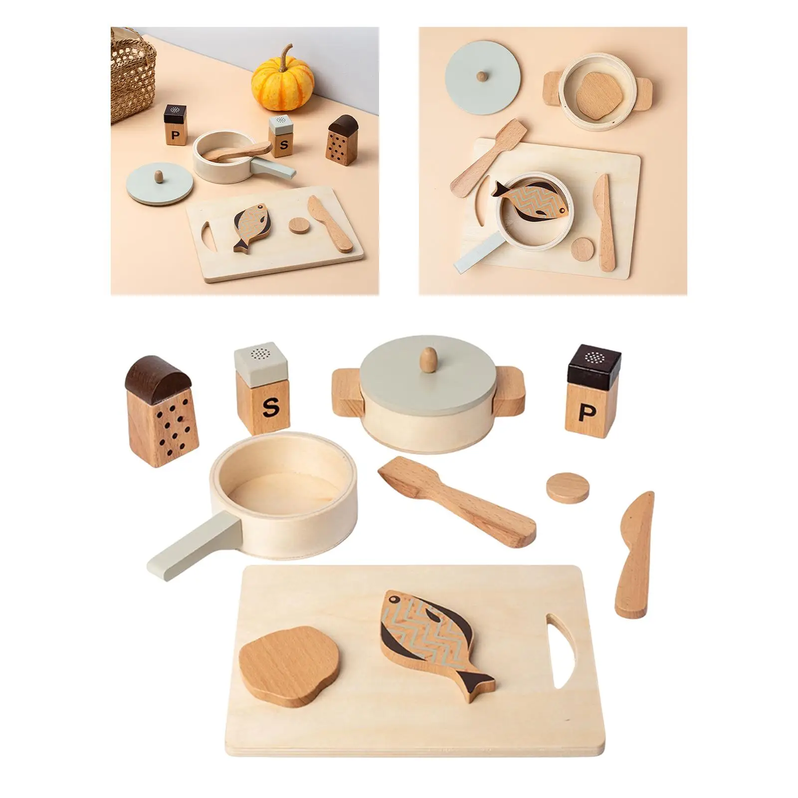 Wooden Kitchen Playset Pretend Toy Set Chopping Board for Girls Boys