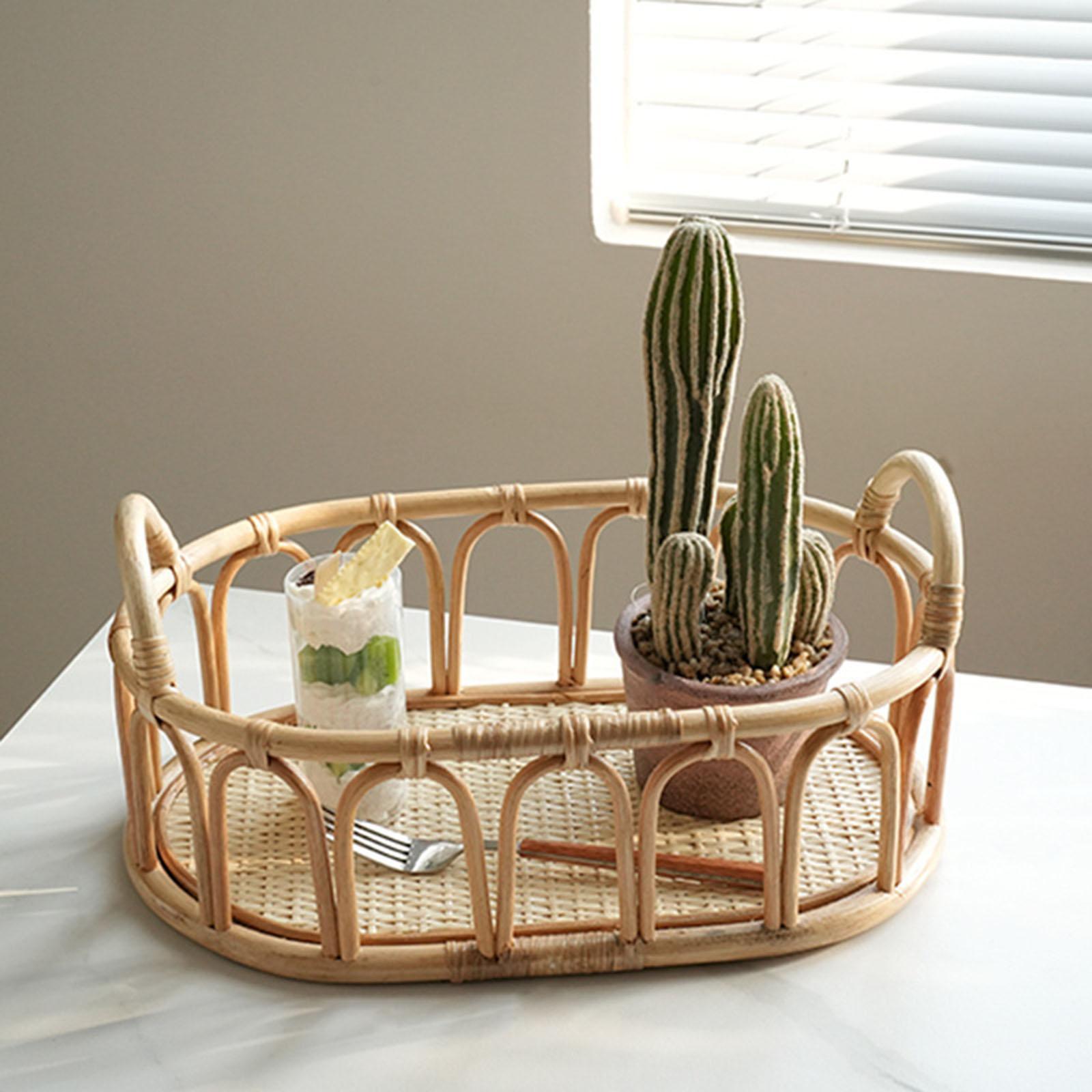 Rattan Basket Oval Shelf Decorative with Handles for Fruits Sundries Snacks