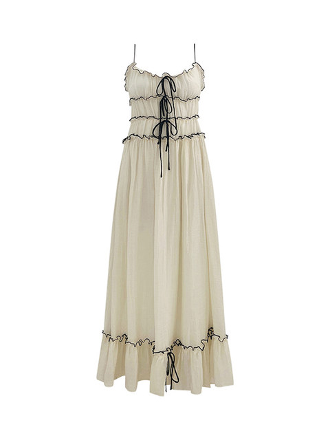 Women Pleated Tie-up Long Dress Summer Fairy Grunge Tanks Slip