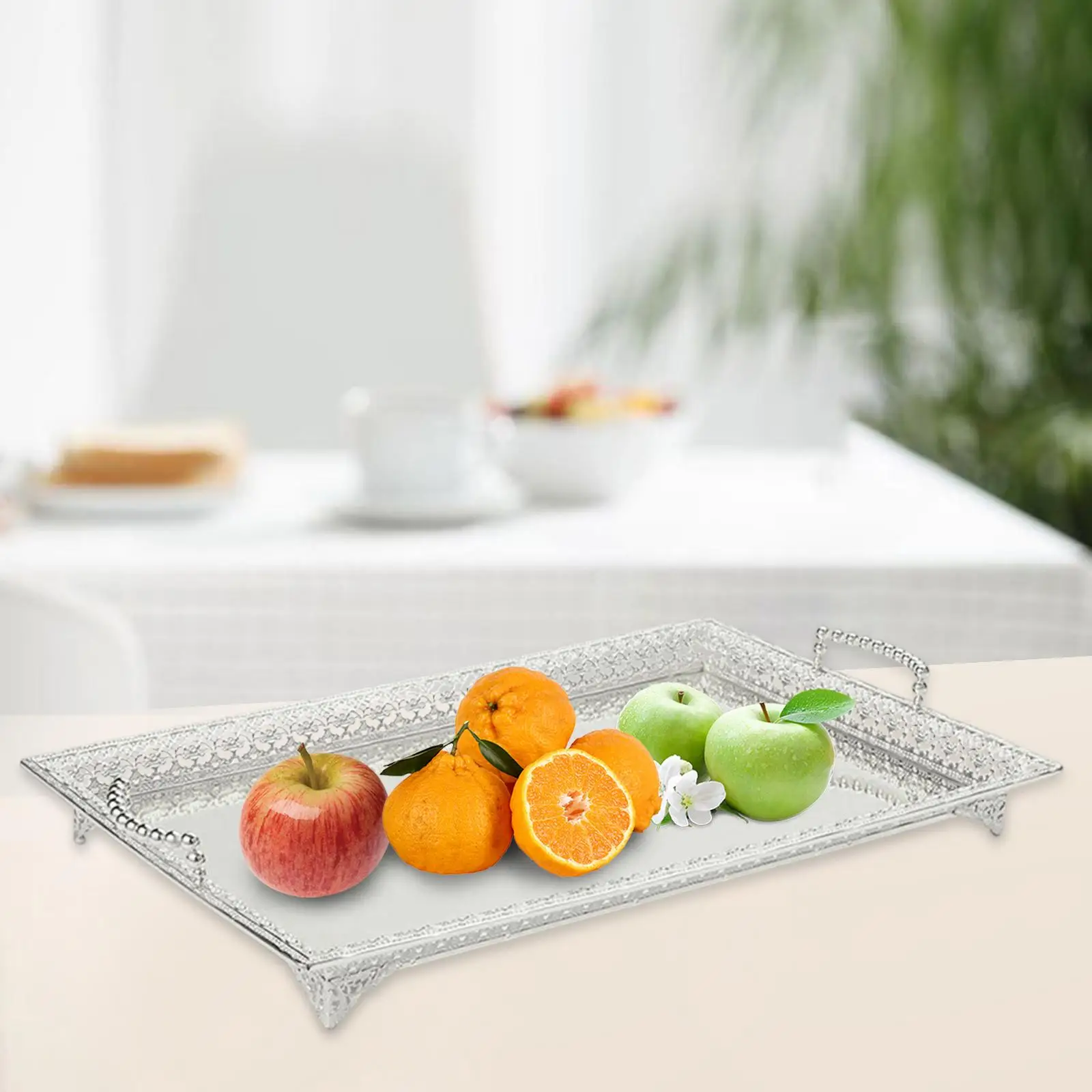 Rectangular Metal Decorative Fruit Tray with Handle for Dinning Table Fashionable Coffee Table Tray Candy Serving Plate Elegant