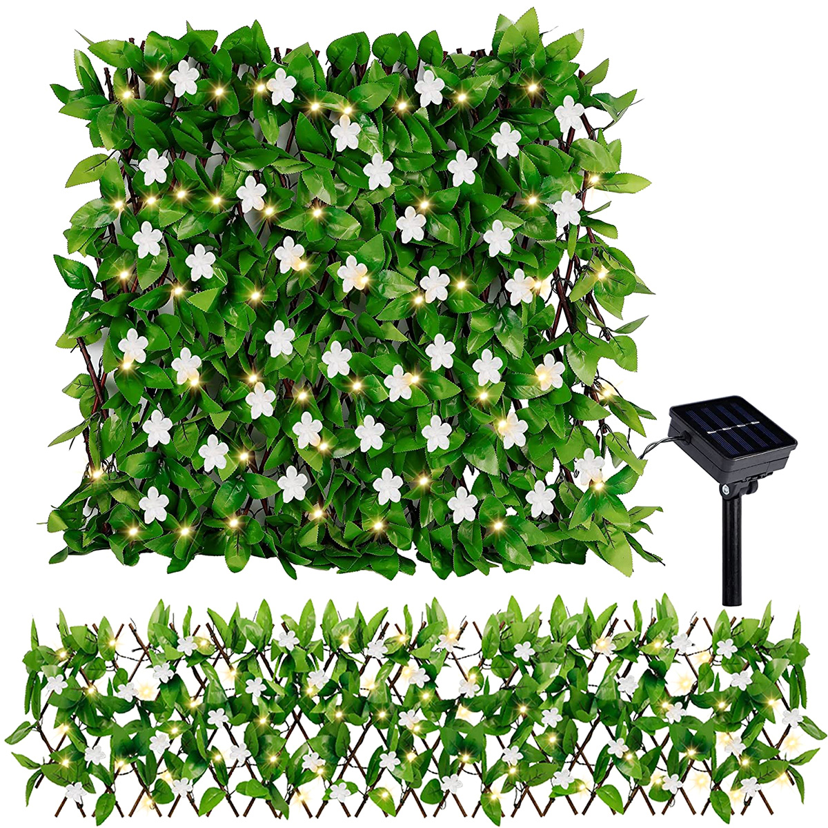 Expandable Fence Privacy Screen 30x180CM Artificial Fencing Panel with 8 Modes Solar Lights Faux Ivy Hedge Flower Fence Indoor