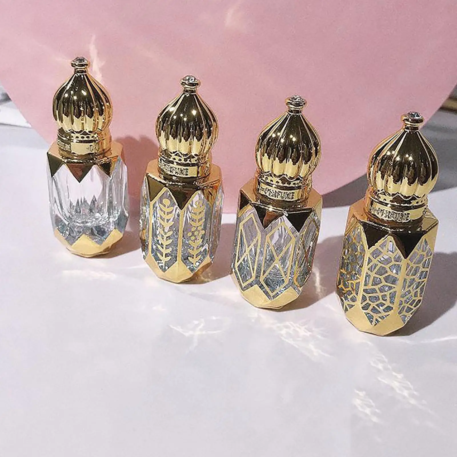 4 Pieces Roll On Bottles Glass Gold Arabian Style Refillable Empty Portable Mini Luxury Vial Container for Perfume Essential Oil