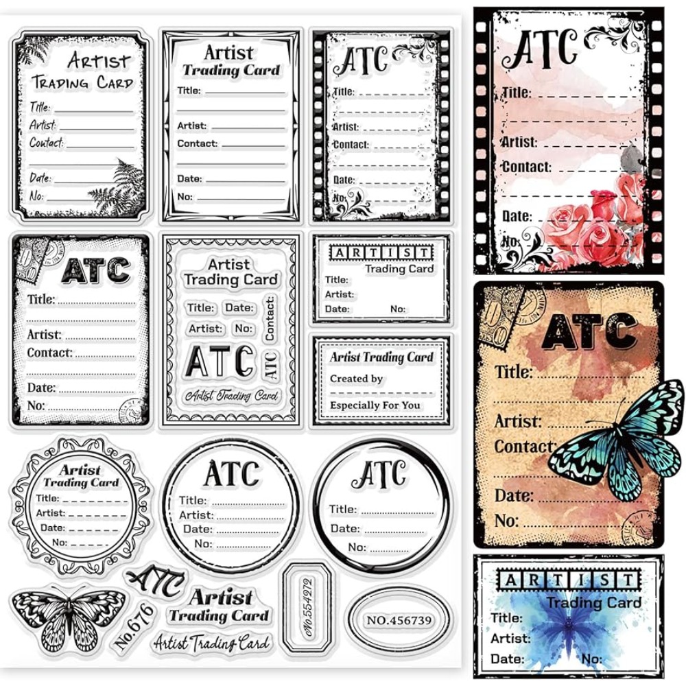 Klare Stempel mit ATC-Rahmen-Hintergrund für DIY-Scrapbooking, 29,7 x 21 cm, Künstler-Sammelkarten, transparente Silikon-Stempelsiegel für die Kartenherstellung – Detail 1