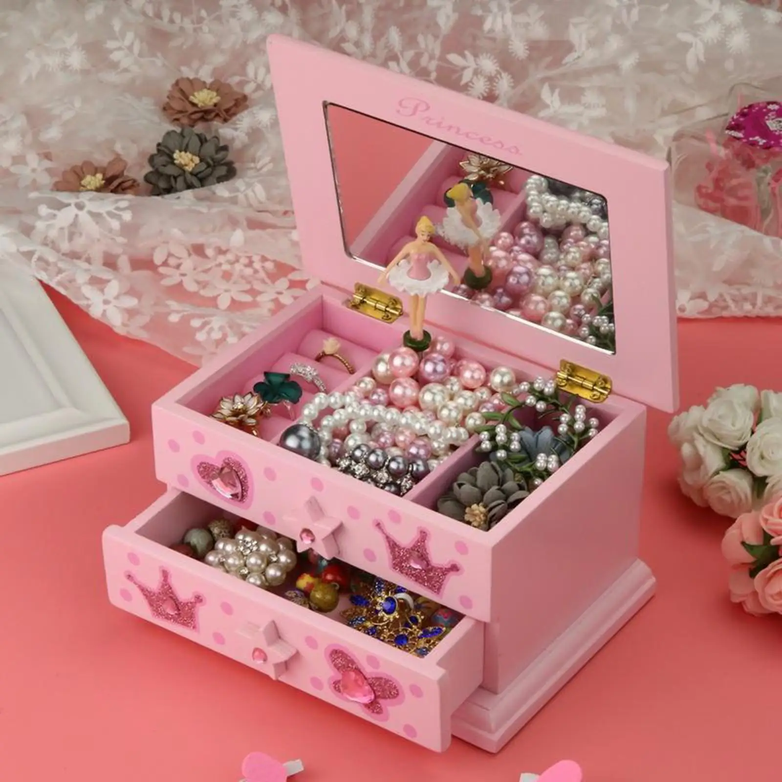 Pink Princess Music Jewelry Box Ring Earrings Bracelets Storage Compartment Organizer Case Decorative Day Musical Box