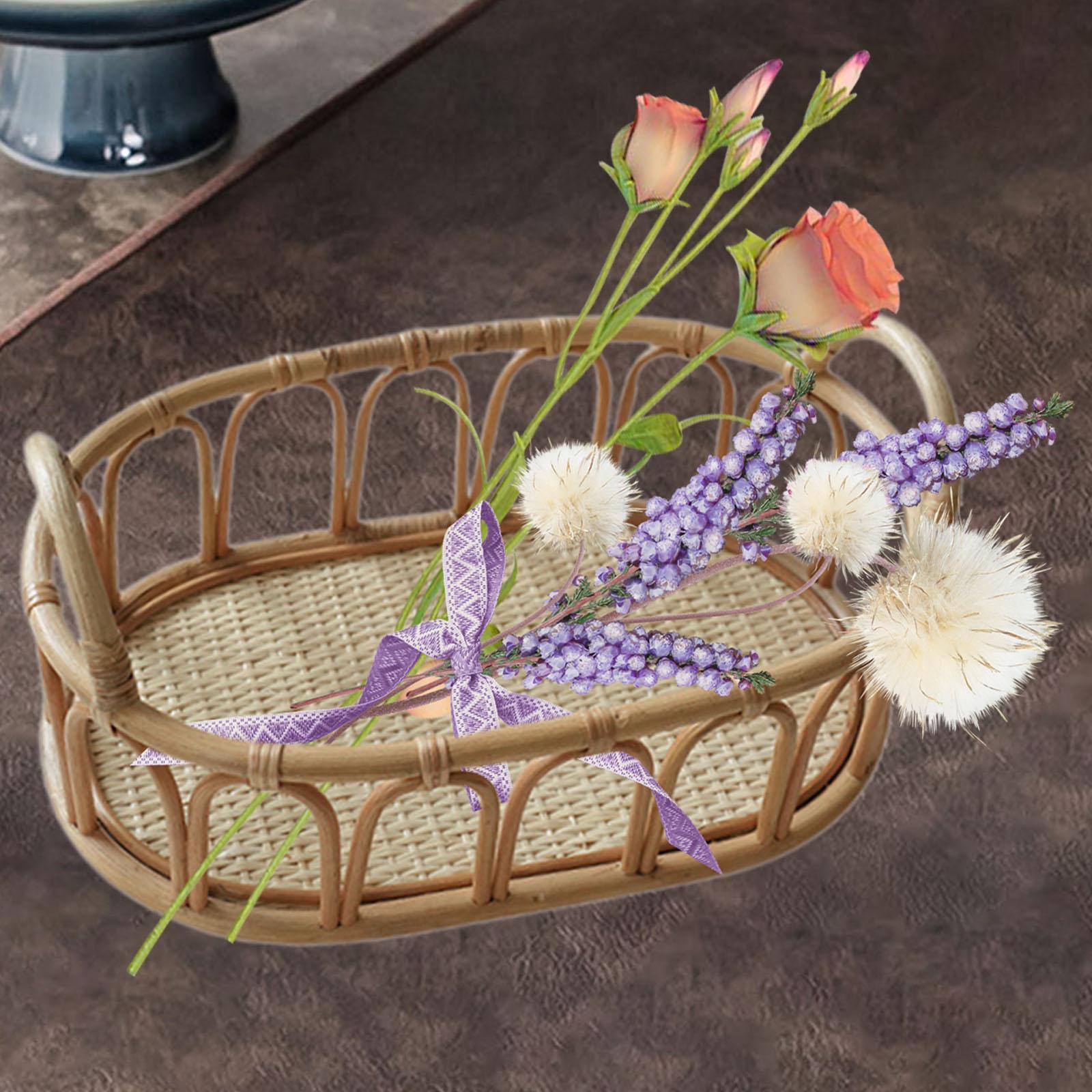 Rattan Basket Oval Shelf Decorative with Handles for Fruits Sundries Snacks