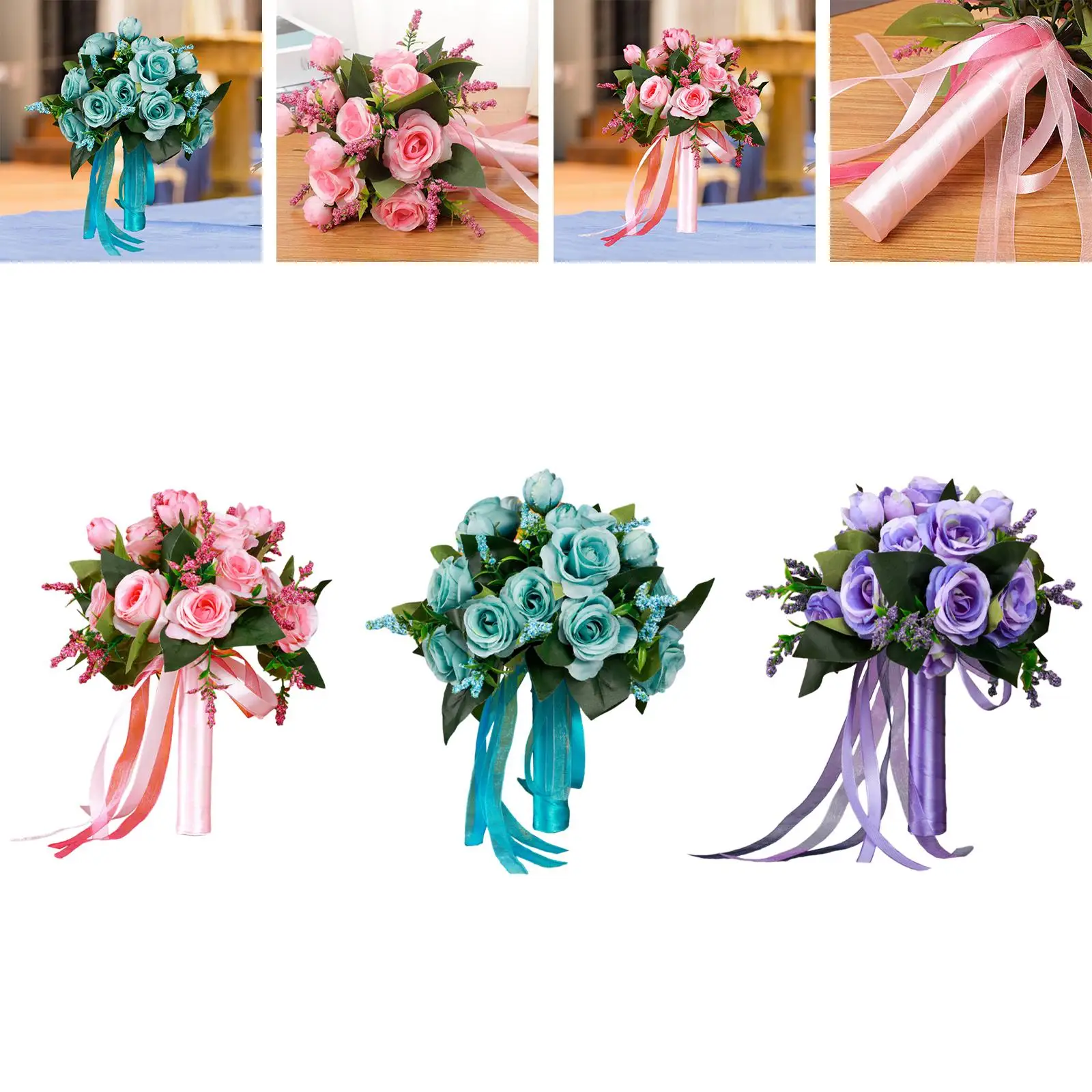 Artificial Flower Faux Roses Centerpiece Bridal Hand Flower Wedding Hand Bouquets for Party Anniversary Bridal Shower Gift Bride