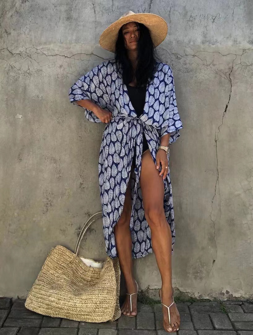 baomyzhuo verão sexy praia kimono roupa de banho algodão cobrir maiô feminino impressão biquíni cobrir beachwear vestido robe