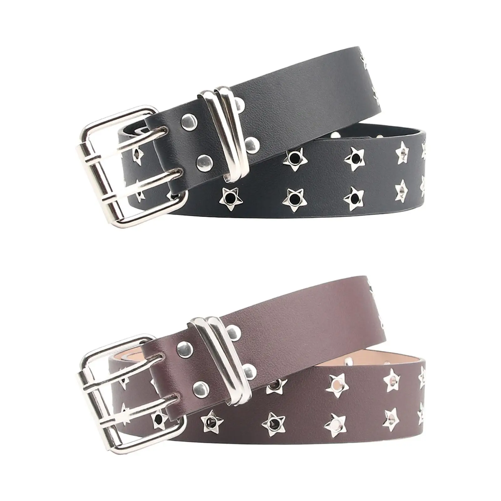 Double Grommet Belt Double Prong Buckle Gothic Adjustable Punk PU Leather with 2 Holes Punk Belt for Club Cosplay Jeans Party
