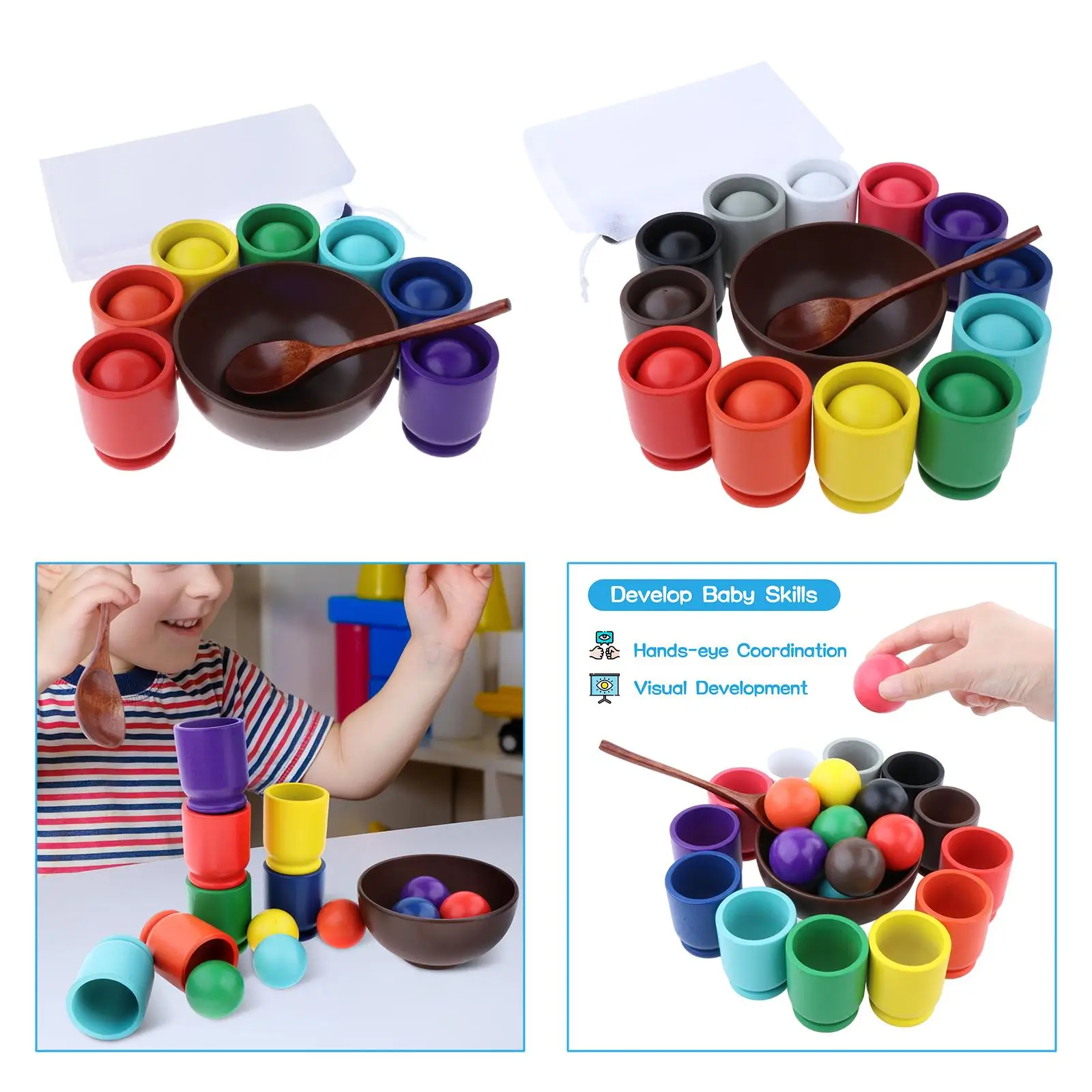 Children Rainbow Balls in Cups Montessori Toy, Wooden Sorter Game, Training Logical Thinking, Fine Motor Development for Kids